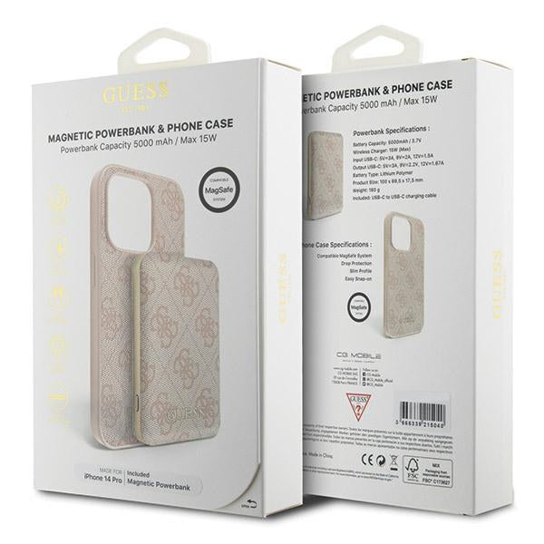 Guess 4G Metal Logo case set for iPhone 14 Pro + 5000mAh MagSafe power bank - pink