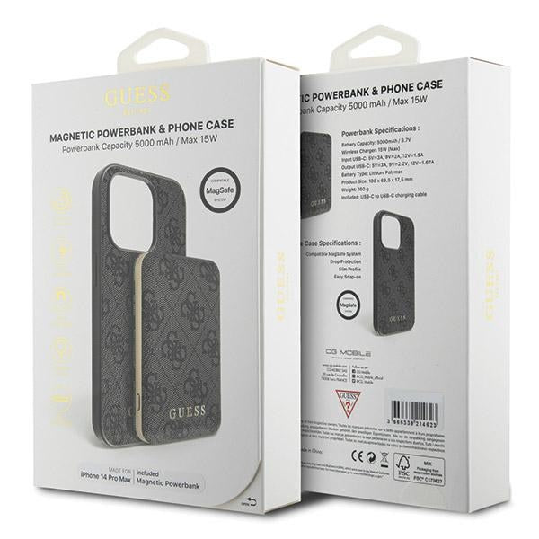 Guess 4G Metal Logo Case Set for iPhone 14 Pro Max + 5000mAh MagSafe Powerbank - Black