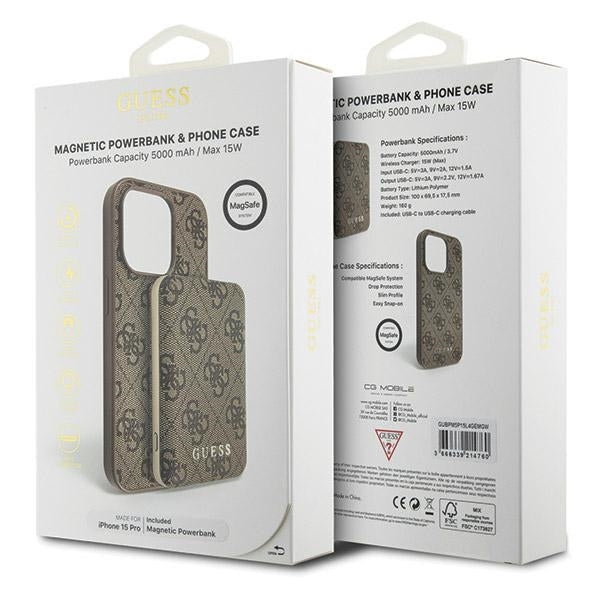 Guess 4G Metal Logo case set for iPhone 15 Pro + 5000mAh MagSafe power bank - brown