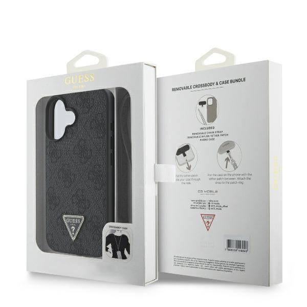 Guess Leather Metal Logo Strass Crossbody Case for iPhone 16 - Black