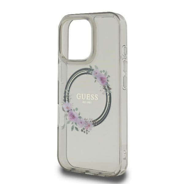Guess IML Flowers Wreath MagSafe Case for iPhone 16 Pro - Black