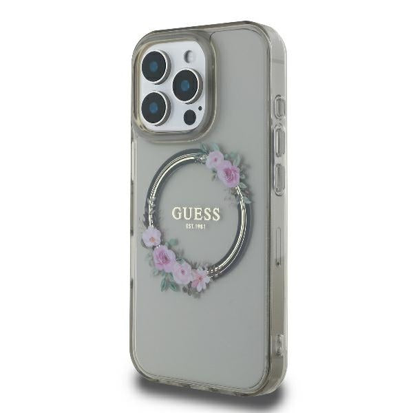 Guess IML Flowers Wreath MagSafe Case for iPhone 16 Pro - Black