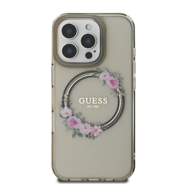 Guess IML Flowers Wreath MagSafe Case for iPhone 16 Pro - Black