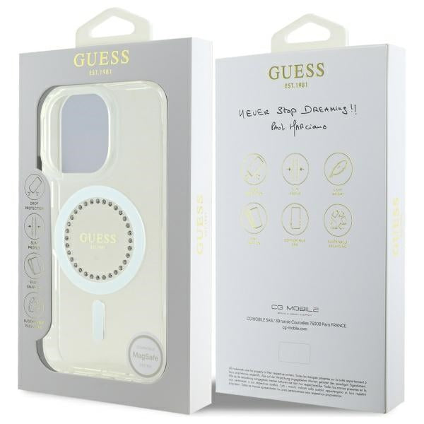 Guess IML Rhinestones MagSafe Case for iPhone 16 Pro Max - White