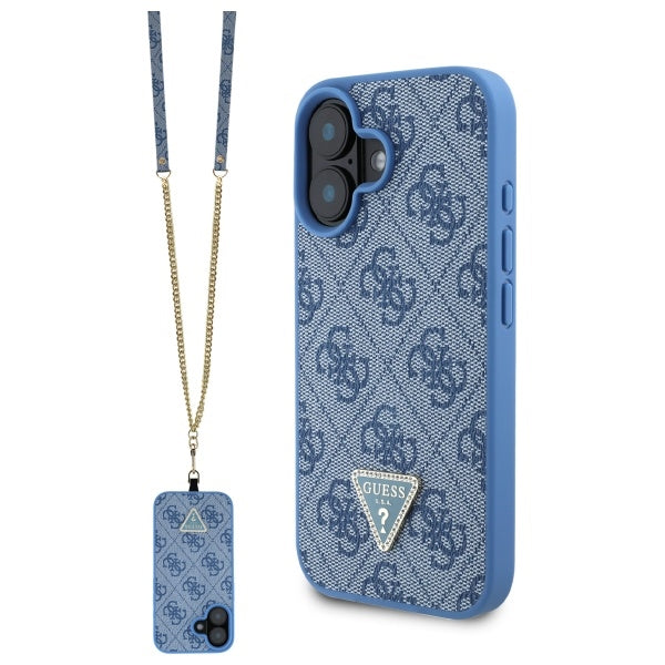 Guess Leather Metal Logo Strass Crossbody Case for iPhone 16 - Blue