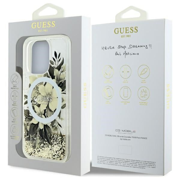 Guess Liquid Glitter Flower MagSafe iPhone 16 Pro Case - Beige