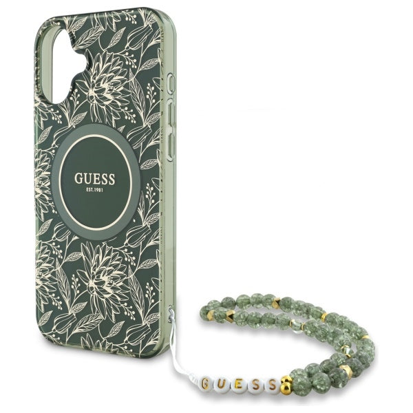 Guess IML Flowers Allover Electro With Pearl Strap MagSafe case for iPhone 16 - green