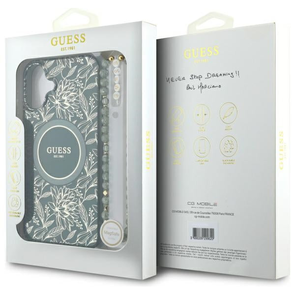 Guess IML Flowers Allover Electro With Pearl Strap MagSafe case for iPhone 16 - green
