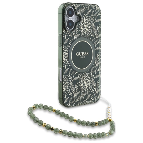 Guess IML Flowers Allover Electro With Pearl Strap MagSafe case for iPhone 16 - green