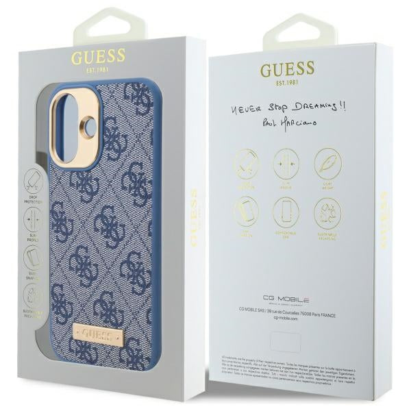 Guess 4G Logo Plate MagSafe iPhone 16 Case - Blue
