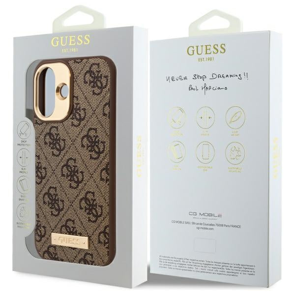 Guess 4G Logo Plate MagSafe iPhone 16 Case - Brown