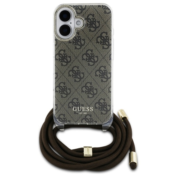 Guess Crossbody Cord 4G Print Case with Lanyard for iPhone 16 - Brown