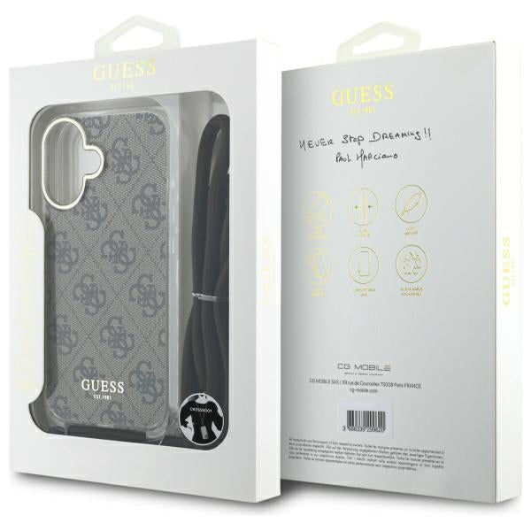 Guess Crossbody Cord 4G Print Case with Lanyard for iPhone 16 - Brown