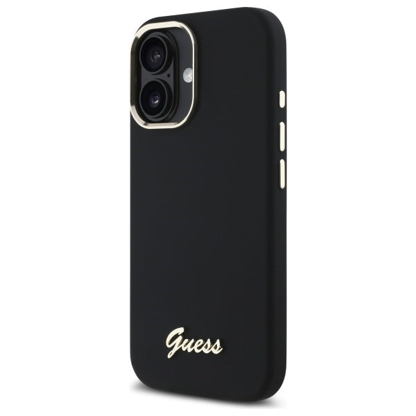 Guess Silicone Script Metal Logo &amp; Frame Case for iPhone 16 - Black