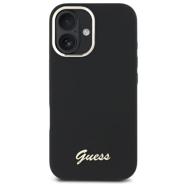 Guess Silicone Script Metal Logo &amp; Frame Case for iPhone 16 - Black