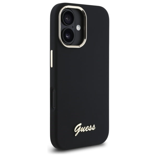 Guess Silicone Script Metal Logo &amp; Frame Case for iPhone 16 - Black