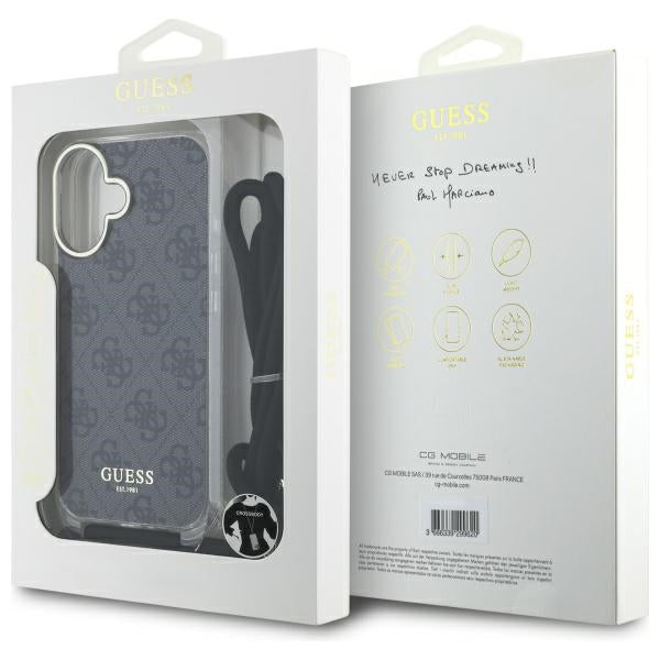 Guess Crossbody Cord 4G Print Case for iPhone 16 - Black