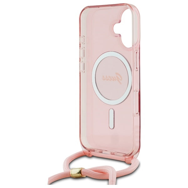 Guess Crossbody Cord Script MagSafe iPhone 16 Case - Pink