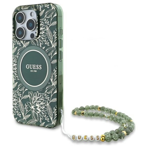 Guess IML Flowers Allover Electro With Pearl Strap MagSafe case for iPhone 16 Pro Max - green