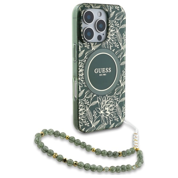 Guess IML Flowers Allover Electro With Pearl Strap MagSafe case for iPhone 16 Pro Max - green