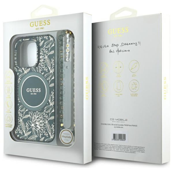 Guess IML Flowers Allover Electro With Pearl Strap MagSafe case for iPhone 16 Pro Max - green