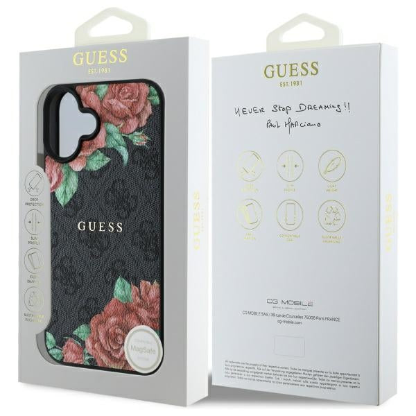 Guess GUHMP16SP4ROPEMCK iPhone 16 6.1" black/black hardcase 4G Flowers Print MagSafe
