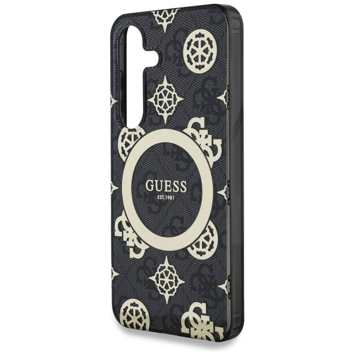 Guess 4G Background Gold Electroplated Peony Pattern MagSafe case for Samsung Galaxy S25 black