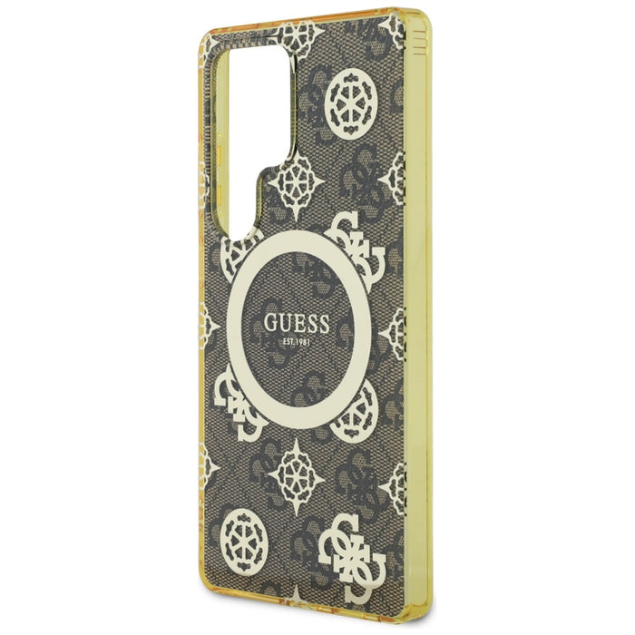 Guess 4G Background Gold Electroplated Peony Pattern MagSafe Case for Samsung Galaxy S25 Ultra Brown