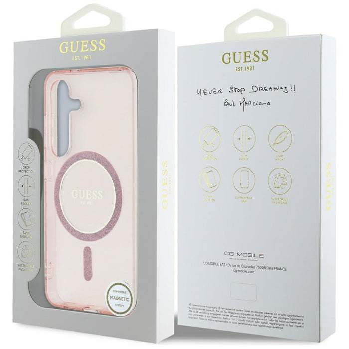 Guess Glitter Circle Classic Logo MagSafe Case for Samsung Galaxy S25 Pink