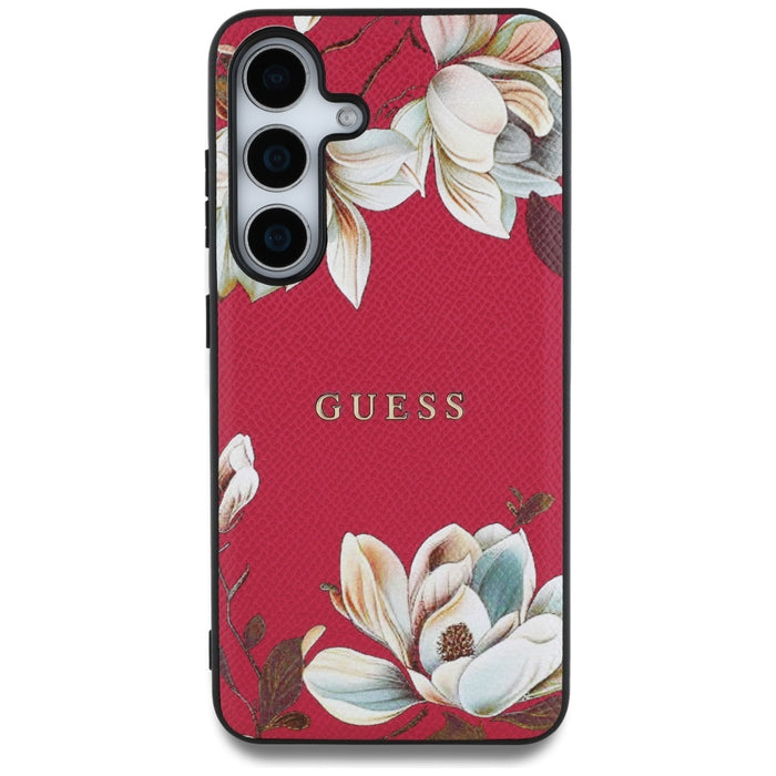 Guess Grained Printed Flower Pattern MagSafe case for Samsung Galaxy S25 fuchsia