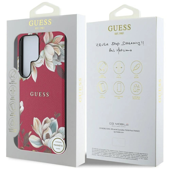 Guess Grained Printed Flower Pattern MagSafe Case for Samsung Galaxy S25 Ultra Fuchsia