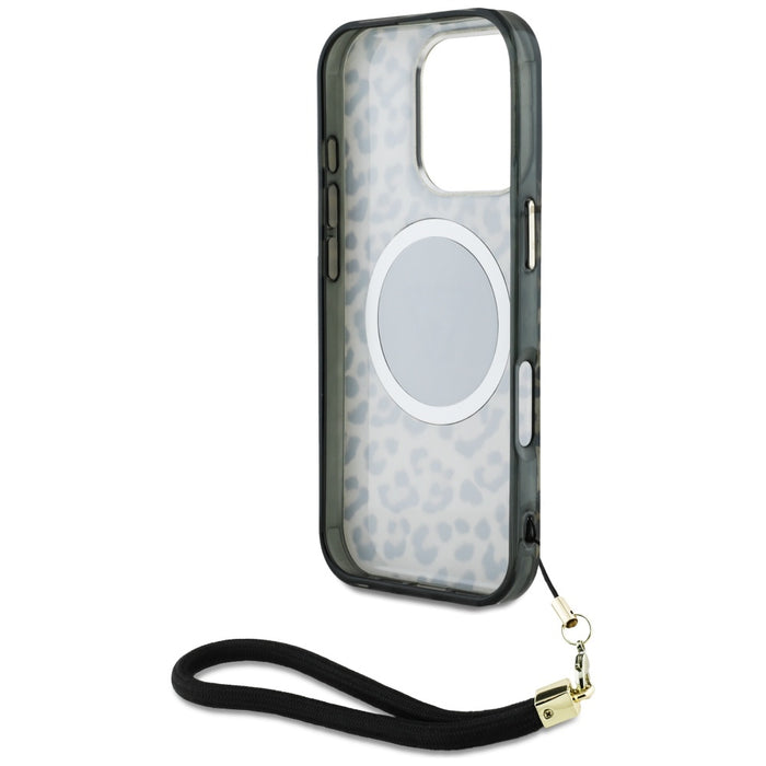 Guess HC IML Leopard Triangle Cord Strap MagSafe Case for iPhone 16 Pro - Brown