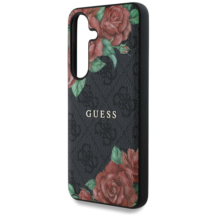 Guess Leather 4G Flowers Print Metal Classic Logo MagSafe Case for Samsung Galaxy S25 - Black