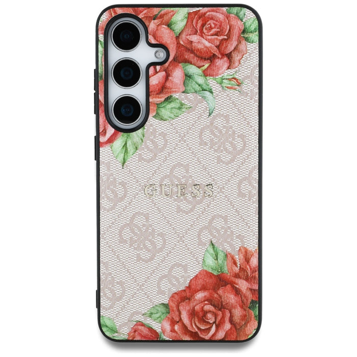 Guess Leather 4G Flowers Print Metal Classic Logo MagSafe Case for Samsung Galaxy S25 - Pink