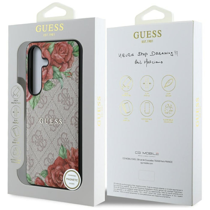 Guess Leather 4G Flowers Print Metal Classic Logo MagSafe Case for Samsung Galaxy S25 - Pink
