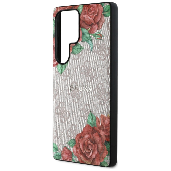 Guess Leather 4G Flowers Print Metal Classic Logo MagSafe Case for Samsung Galaxy S25 Ultra - Pink