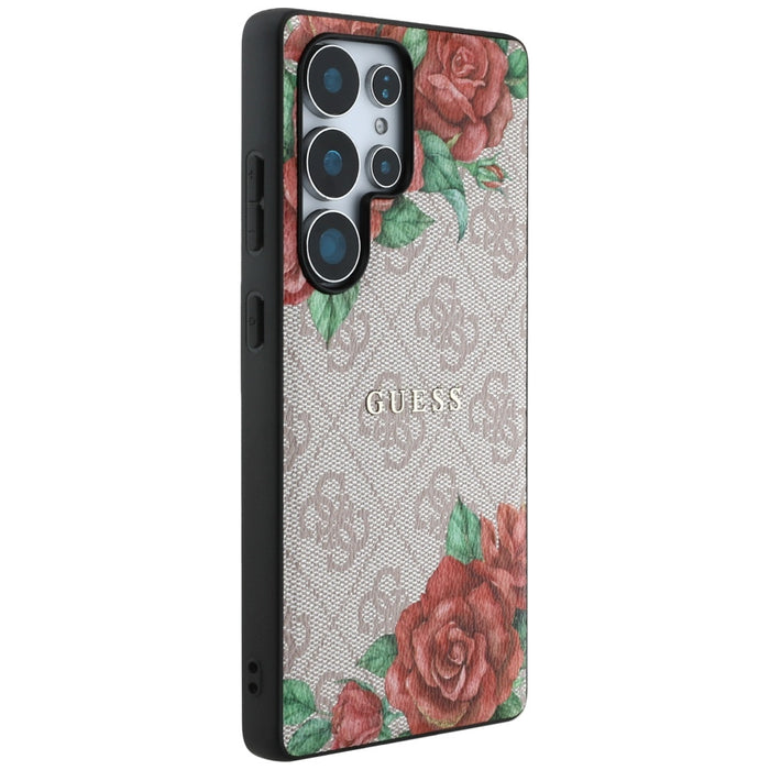 Guess Leather 4G Flowers Print Metal Classic Logo MagSafe Case for Samsung Galaxy S25 Ultra - Pink