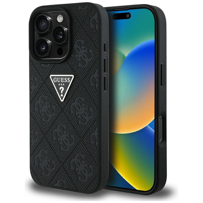 Guess Hot Stamp 4G Pattern Triangle Metal Logo Case for iPhone 16 Pro Max - Black