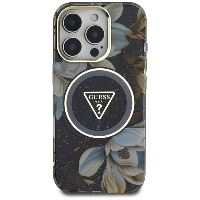 Guess Glitter Flowers Triangle Buttons MagSafe case for iPhone 16 Pro Max black