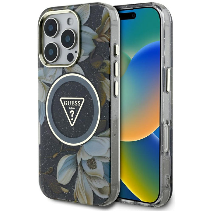Guess Glitter Flowers Triangle Buttons MagSafe case for iPhone 16 Pro Max black