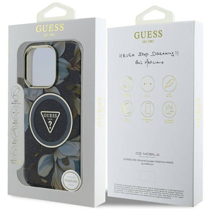 Guess Glitter Flowers Triangle Buttons MagSafe case for iPhone 16 Pro Max black