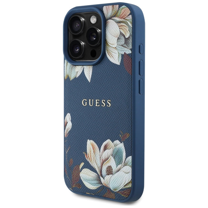 Guess Grained Printed Flower Pattern MagSafe case for iPhone 16 Pro Max blue