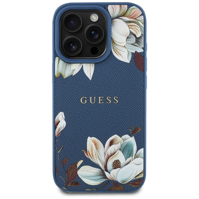 Guess Grained Printed Flower Pattern MagSafe case for iPhone 16 Pro blue
