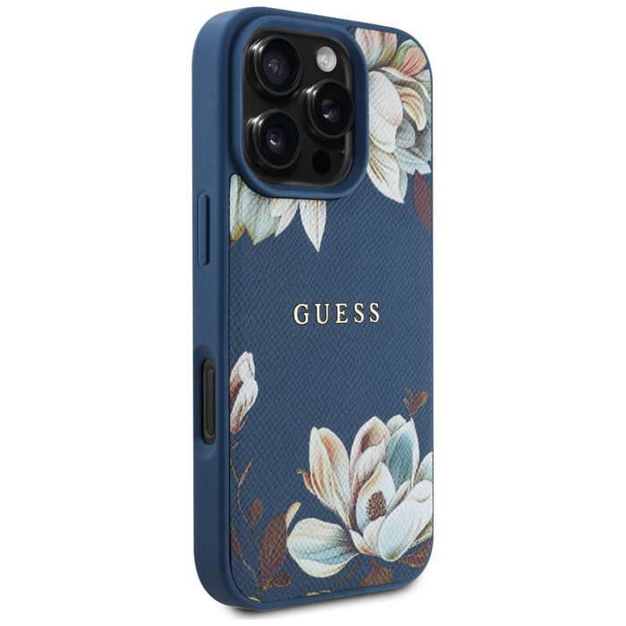 Guess Grained Printed Flower Pattern MagSafe case for iPhone 16 Pro blue