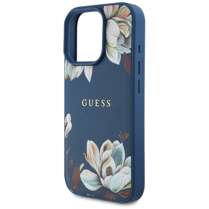 Guess Grained Printed Flower Pattern MagSafe case for iPhone 16 Pro blue