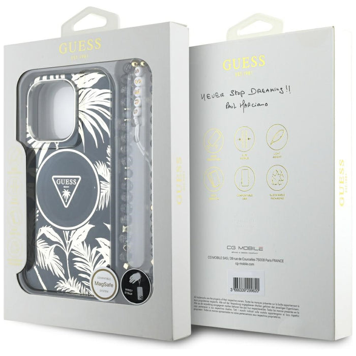 Guess Palm Trees Triangle Pearl Strap MagSafe case for iPhone 16 Pro black