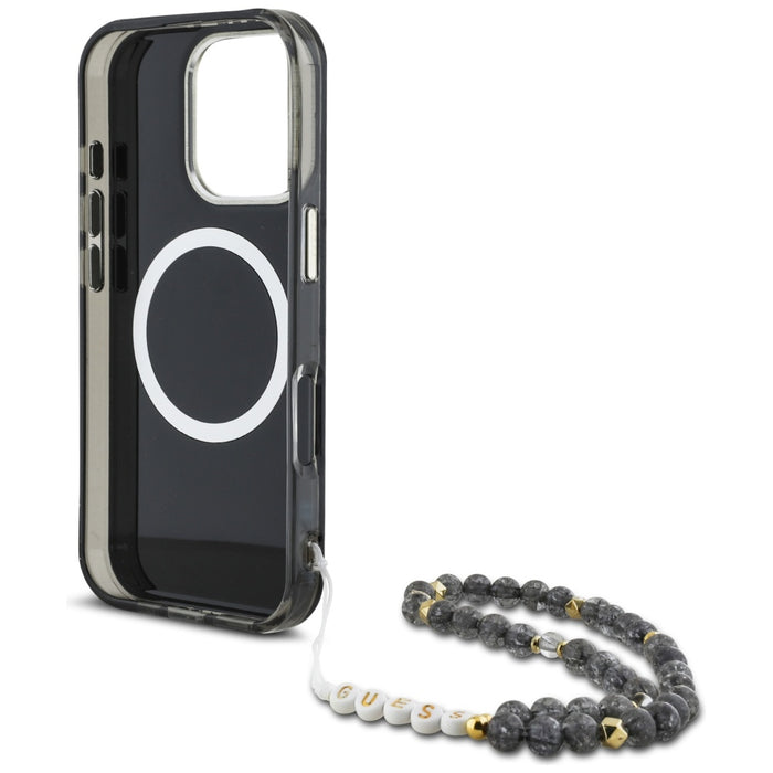 Guess Palm Trees Triangle Pearl Strap MagSafe case for iPhone 16 Pro black