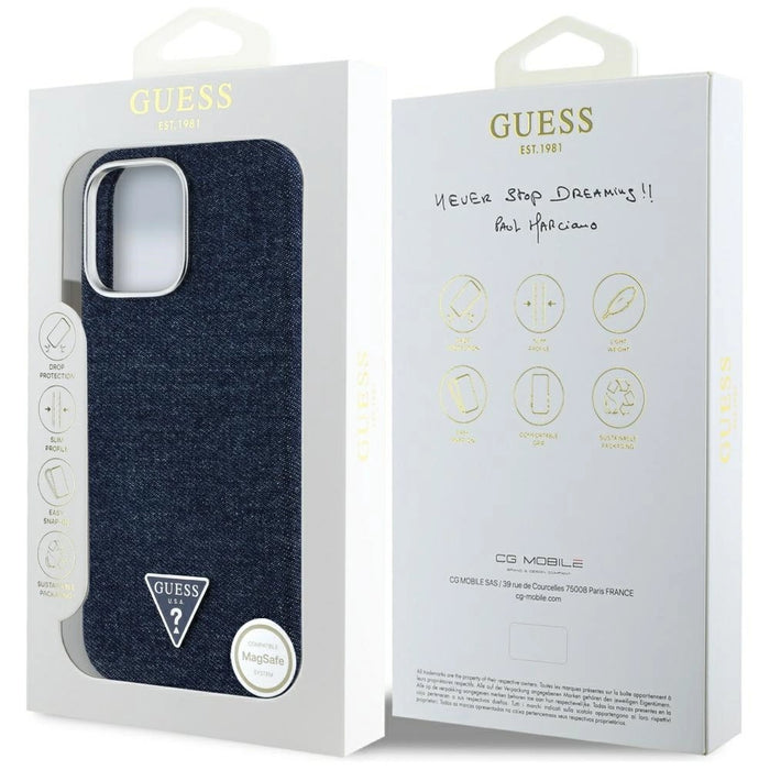 Guess Denim Triangle Logo MagSafe iPhone 16 Pro Max Case - Blue