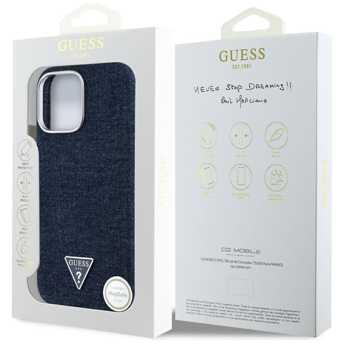 Guess Denim Triangle Logo MagSafe iPhone 16 Pro Case - Blue