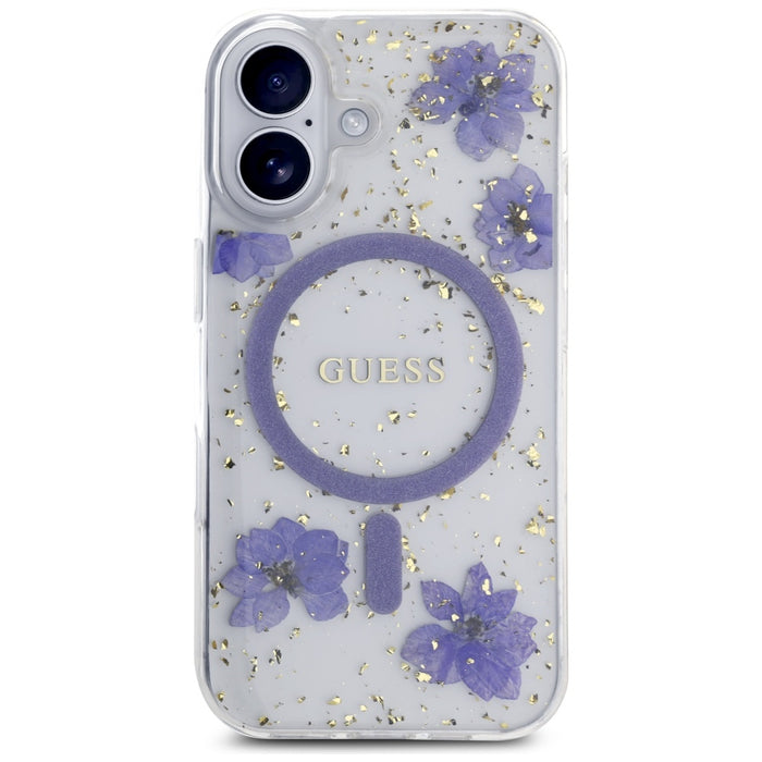 Guess Resin Flowers Glitter MagSafe case for iPhone 16 - purple